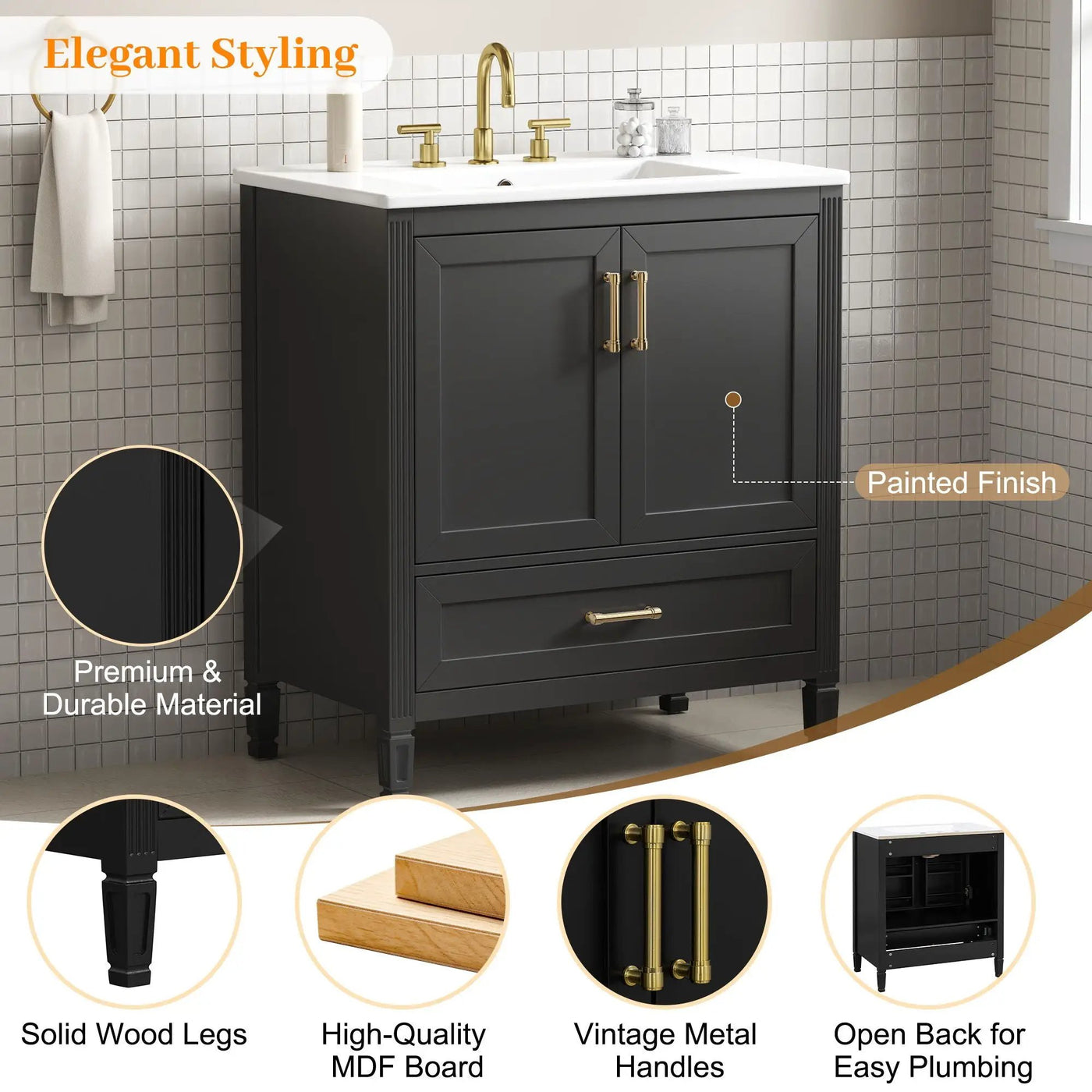 Elegant Fluted Bathroom Vanity With Sink, Soft Close Doors & Drawer by HouseOfZazla