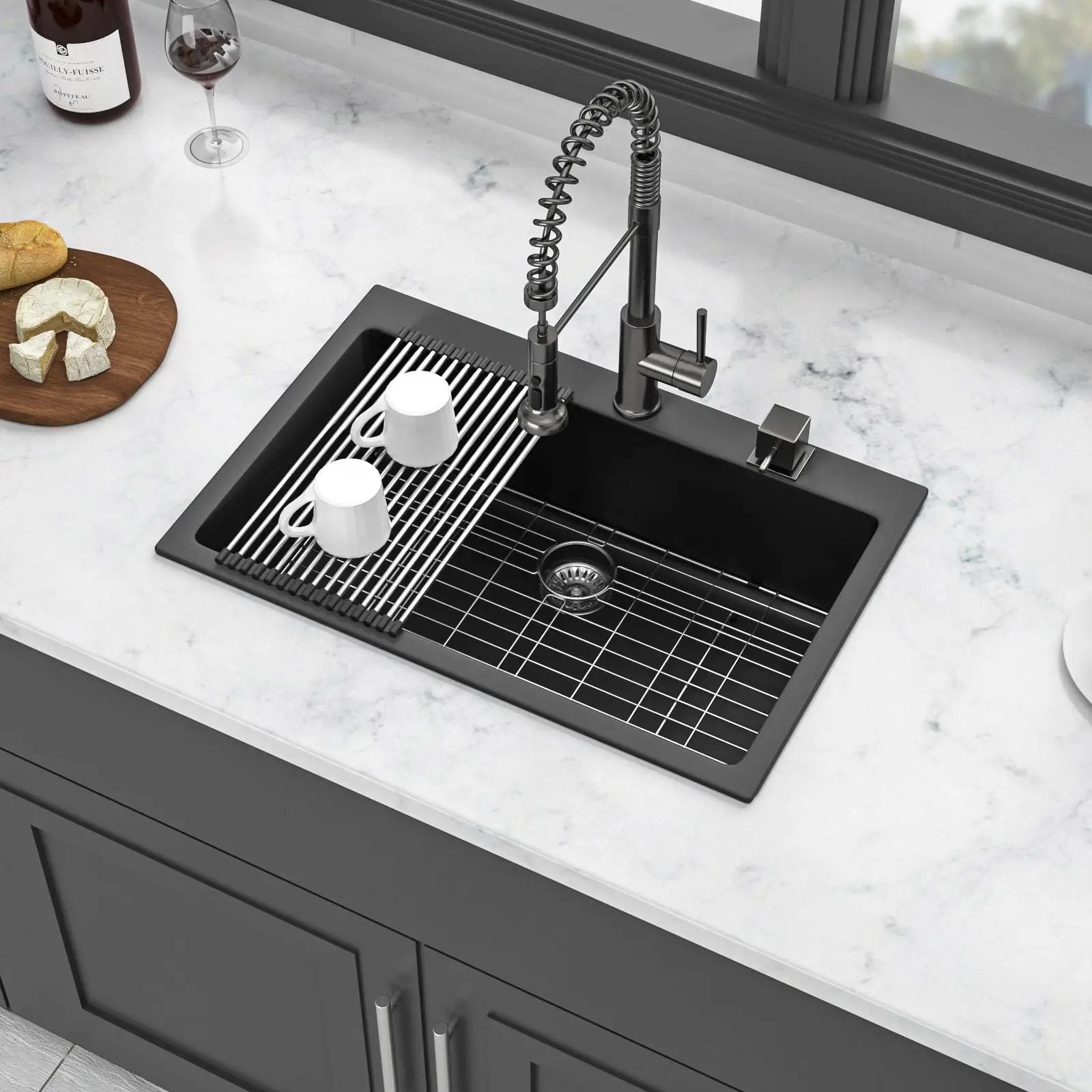 Kitchen Sink Granite Composite Drop In Sink With Durable Material - Black by HouseOfZazla