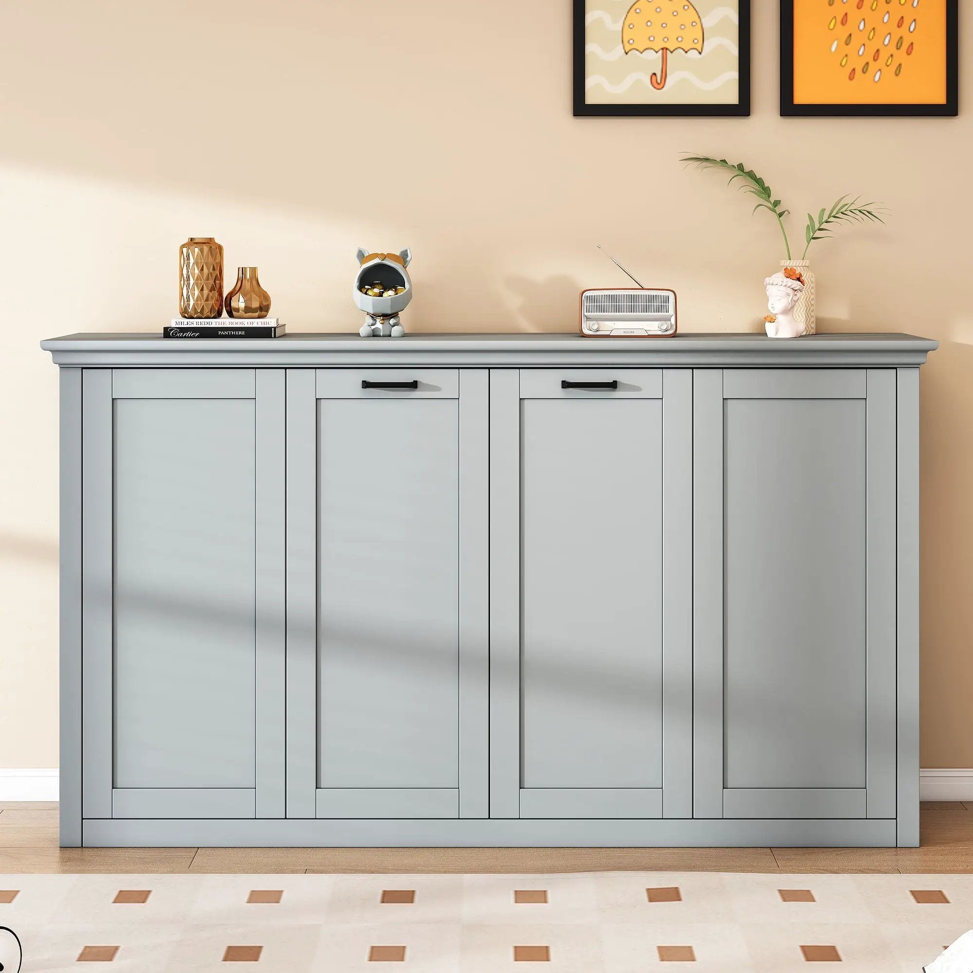 Twin Size Murphy Bed With Cabinet Storage - Gray