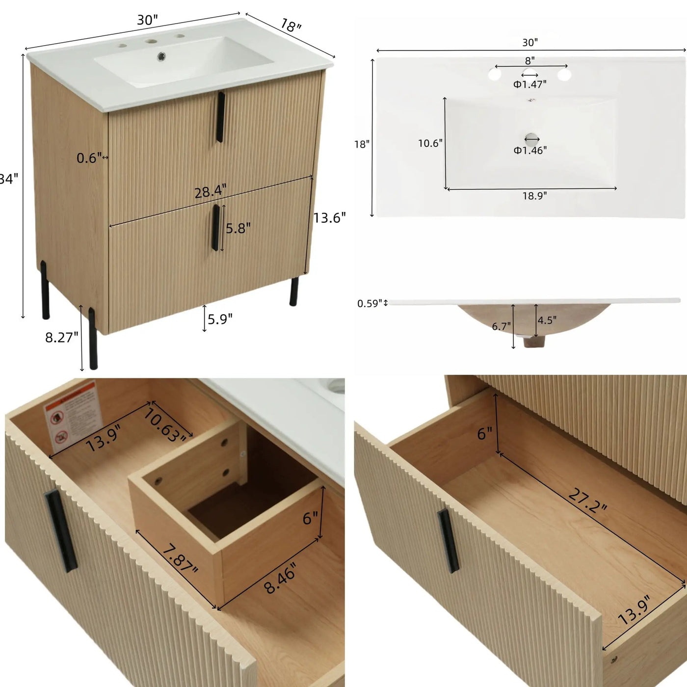 Bathroom Vanity With Ceramic Sink, Fluted Design by HouseOfZazla