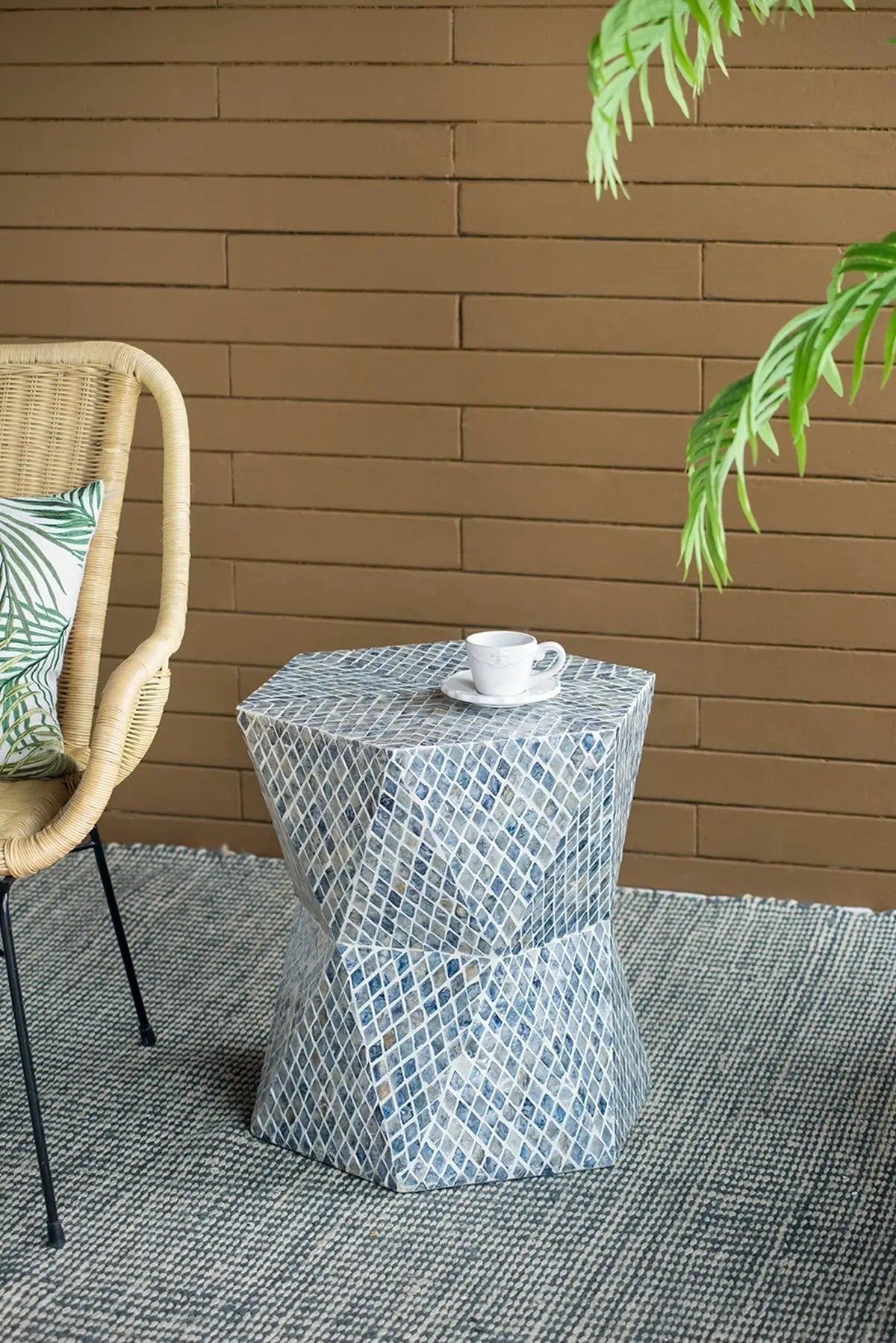 19x19x20" Tapered Blue Garden Capiz Stool, Accent Side Table by HouseOfZazla