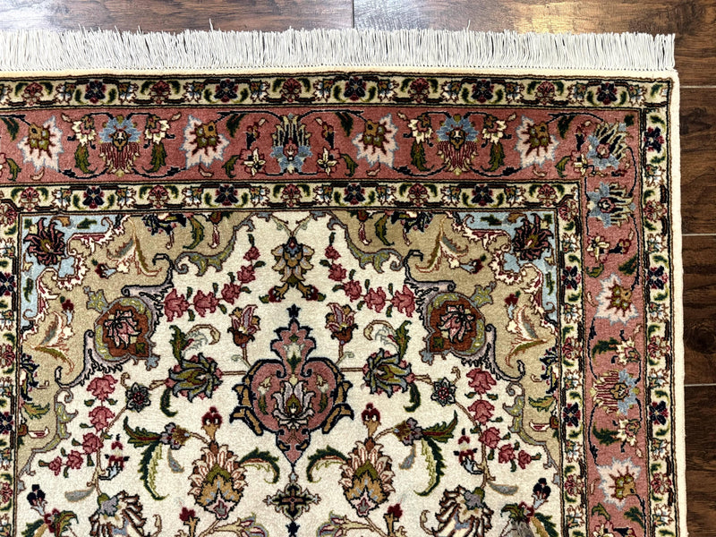 Fine Persian Tabriz Rug 3x5, Floral Medallion, 340 KPSI, Ivory Salmon by Jewel Rugs