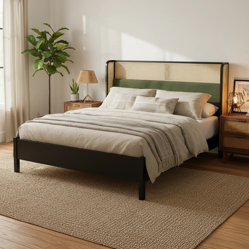 King Size Bed Frame with Black Frame and Green Upholstered Headboard by HouseOfZazla