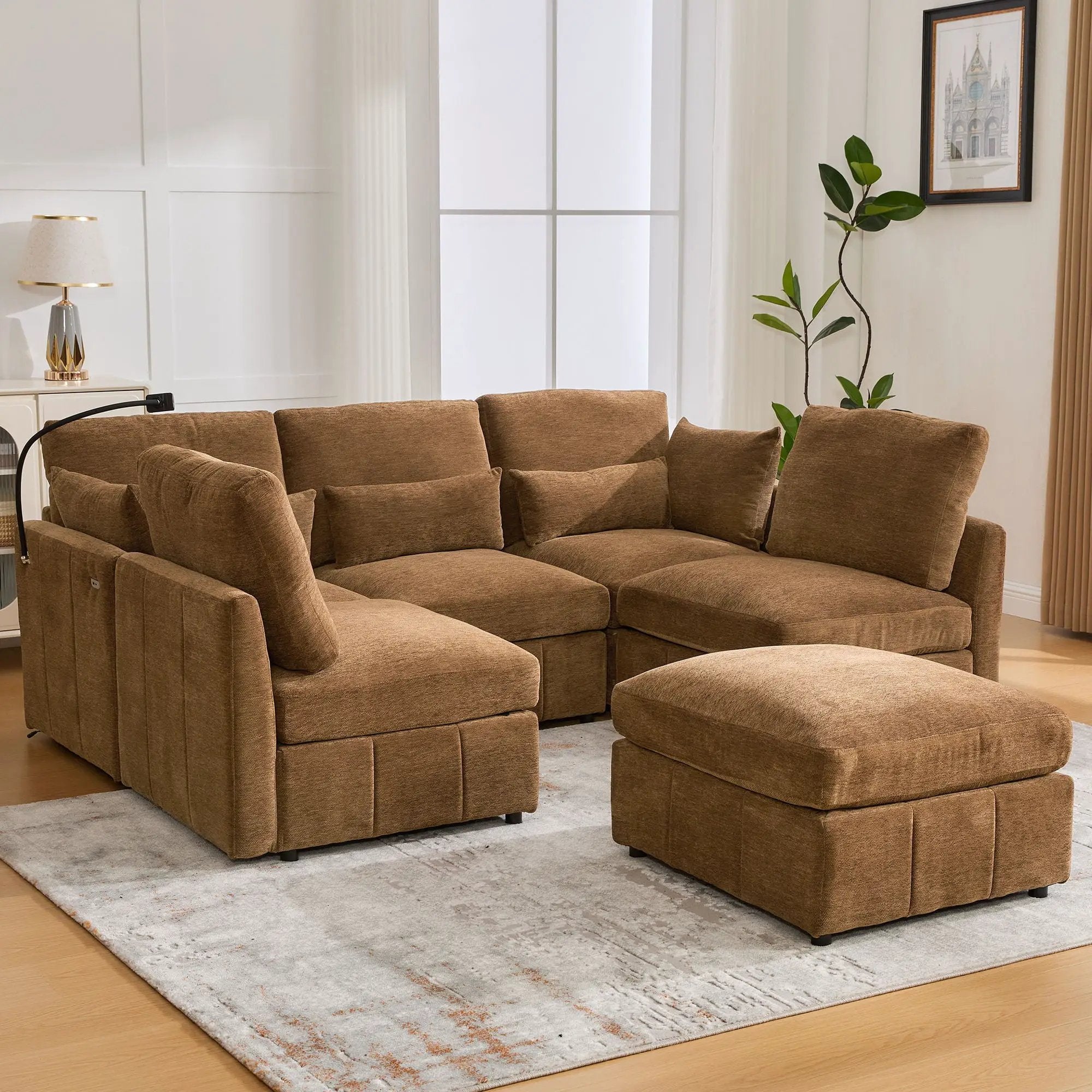 Modern Modular U-Shaped Sofa Bed With Movable Ottoman, USB Ports, Phone Holder by HouseOfZazla