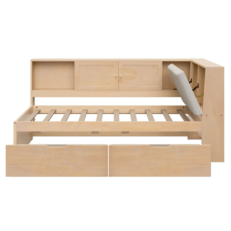 Twin L - Shaped Daybed With Storage Bookcase, Upholstered Headboard, USB Charging Ports & Hidden Drawers - Natural by HouseOfZazla