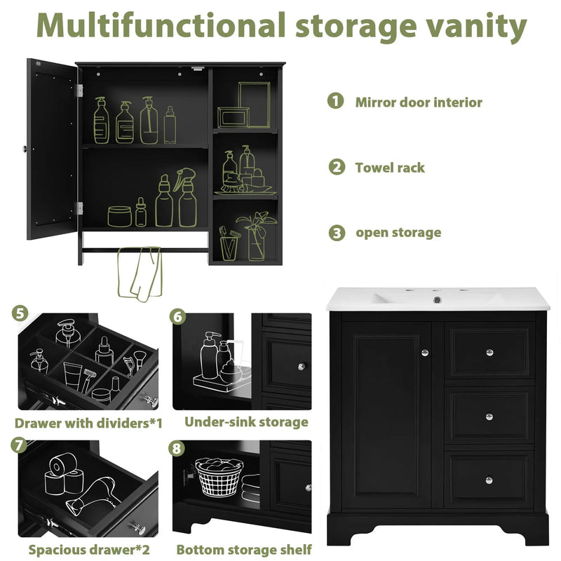 Bathroom Vanity With Sink, Modern Elegant Bathroom Storage Cabinet With 3 Drawers And Adjustable Shelves, Freestanding Vanity Set With Mirror Cabinet, Single Sink Bathroom Vanity by HouseOfZazla