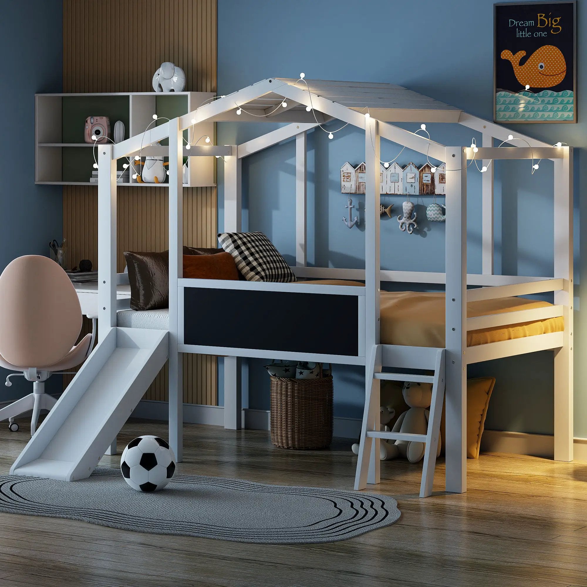 Loft House Bed With Ladder And Slide, With board And Light Strip On The Roof by HouseOfZazla