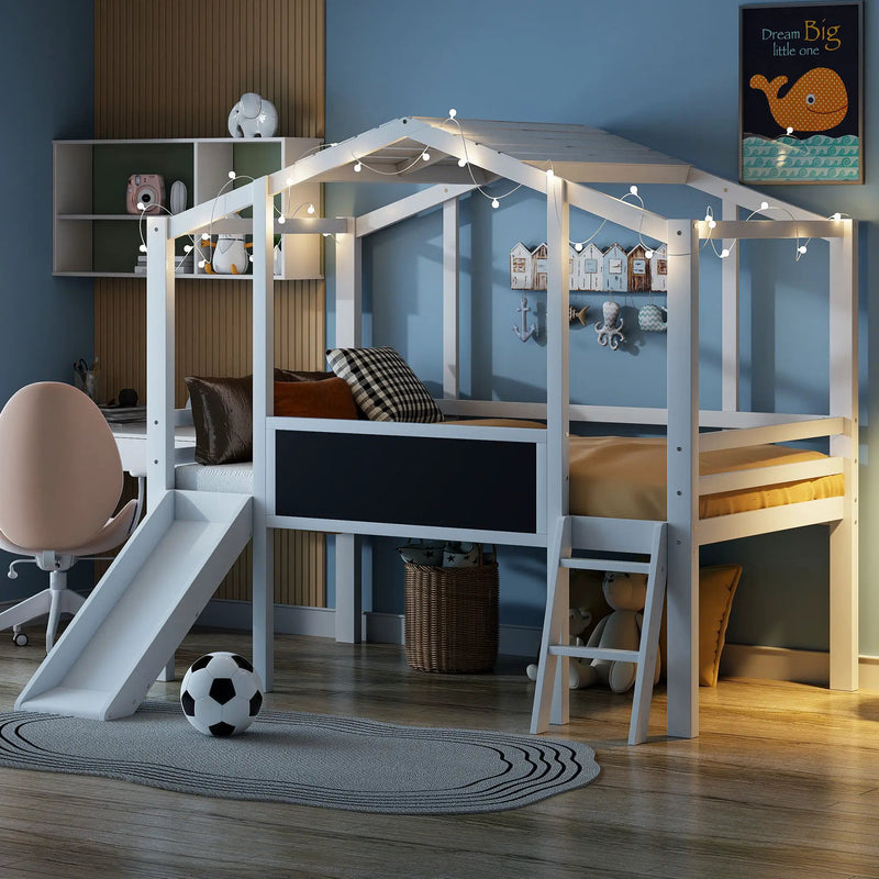 Loft House Bed With Ladder And Slide, With board And Light Strip On The Roof by HouseOfZazla