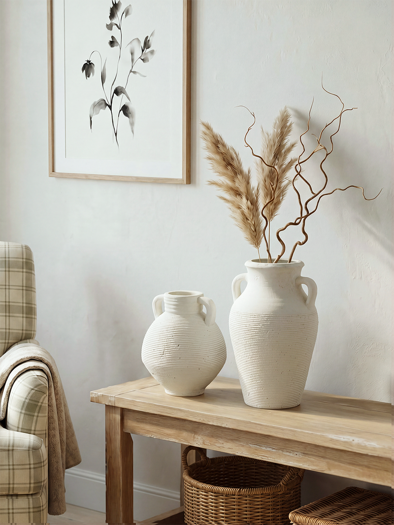 Rustic White Terracotta Tall Vase with Ribbed Texture - White, photo 10 of 10