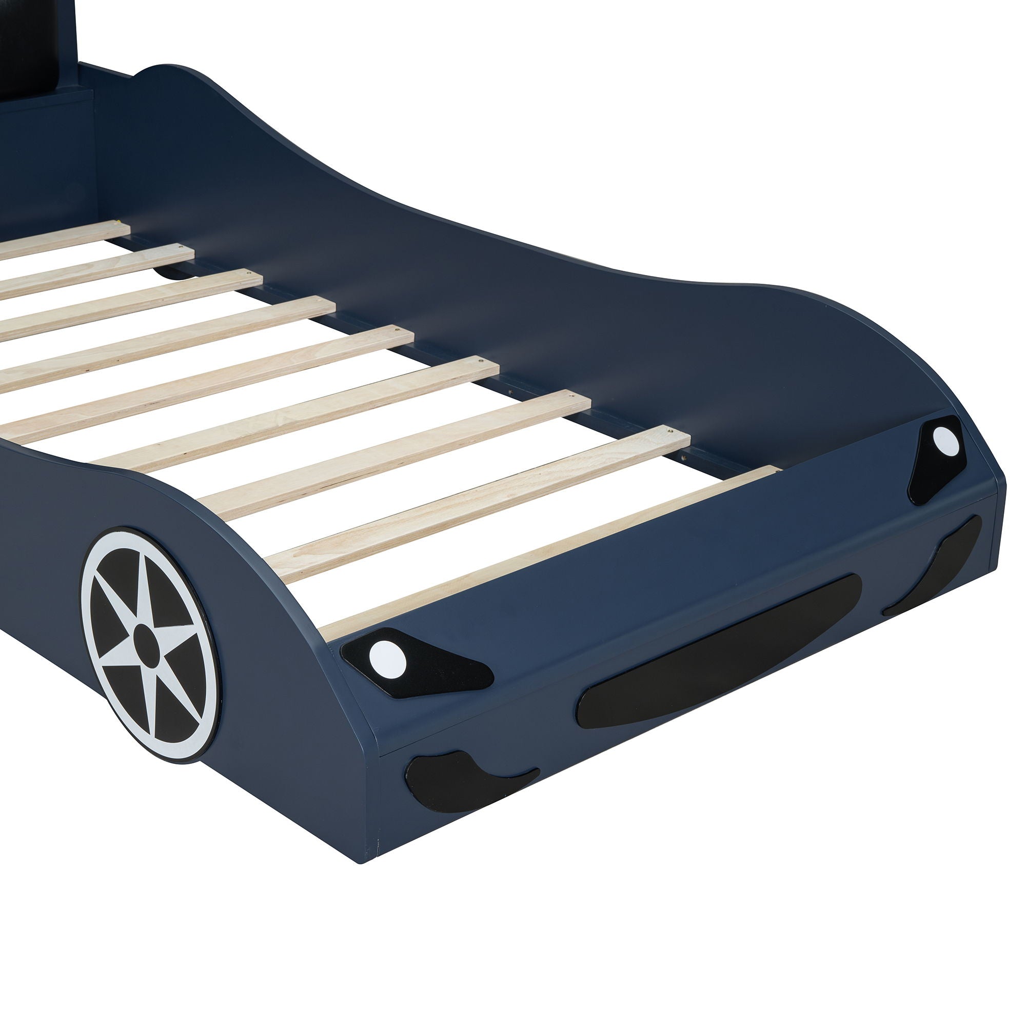 Race Car Shaped Platform Bed With LED And Upholstered Backrest In by HouseOfZazla