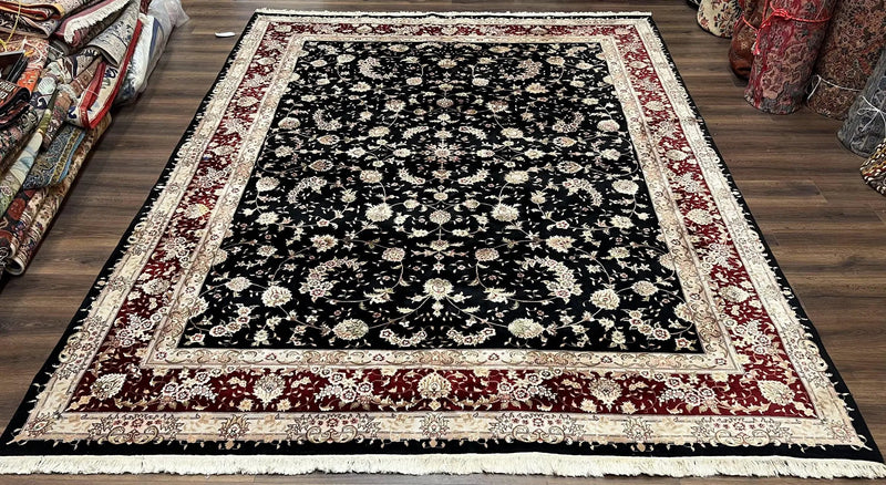 Sino Persian Rug 9x12, High Quality Oriental Carpet, Black and Maroon, Wool and Silk, Allover Floral Pattern, Hand Knotted, Vintage Rug Nice by Jewel Rugs