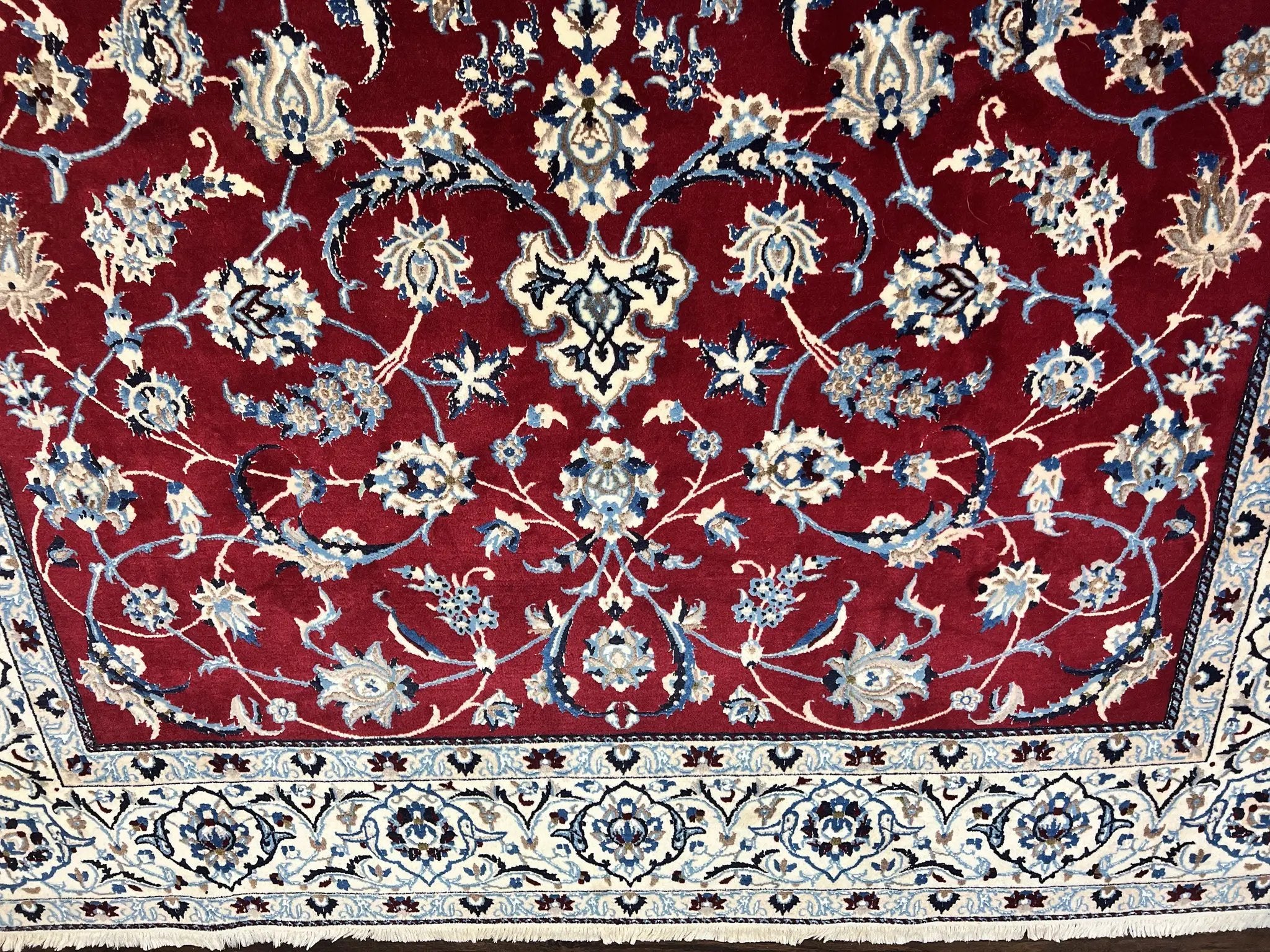 Persian Nain Rug 6x10, Wool and Silk Highlights, Red and Ivory, Floral Medallion, Vintage Handmade Hand Knotted, Fine 225 KPSI, Traditional Rug by Jewel Rugs