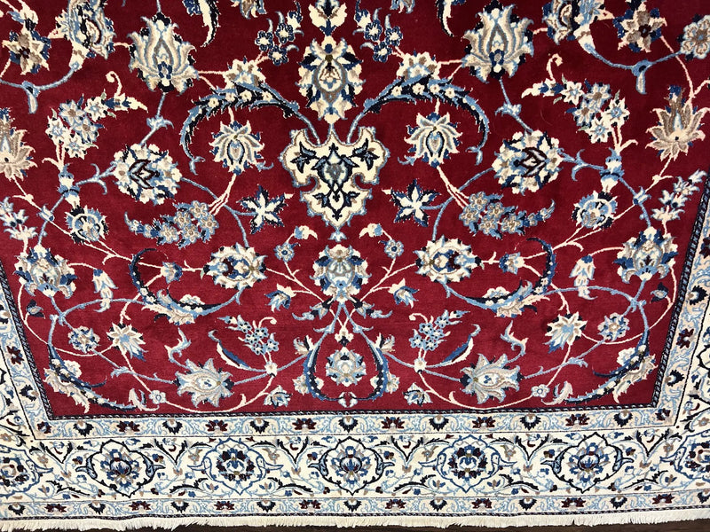 Persian Nain Rug 6x10, Wool and Silk Highlights, Red and Ivory, Floral Medallion, Vintage Handmade Hand Knotted, Fine 225 KPSI, Traditional Rug by Jewel Rugs