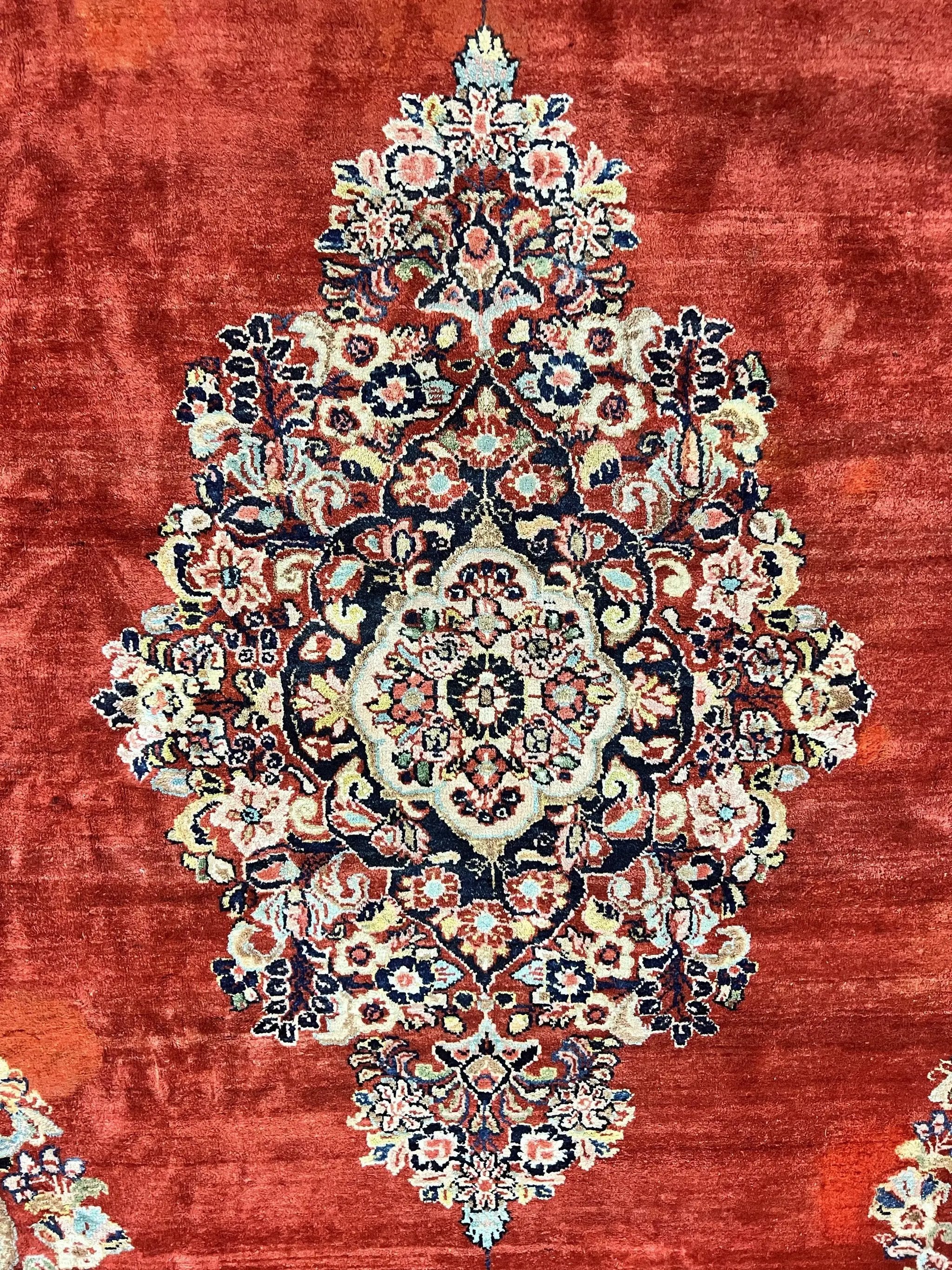 Persian Sarouk Rug 11x14, Semi Open Field, Large Antique Persian Wool Handmade Carpet, Red and Dark Blue, Floral by Jewel Rugs