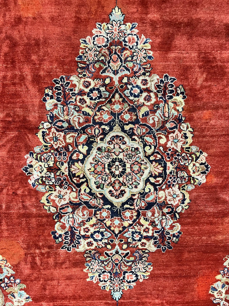Persian Sarouk Rug 11x14, Semi Open Field, Large Antique Persian Wool Handmade Carpet, Red and Dark Blue, Floral by Jewel Rugs