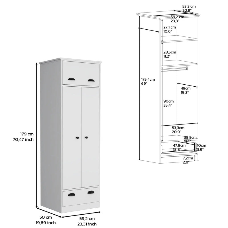 Dresser Closet With Upper Storage Covered With 1 Door, 2 Central Shelves, 1 Tube For Hanging Clothes Covered By 2 Doors, 1 Drawer At The Bottom - White by Unique Piece Furniture