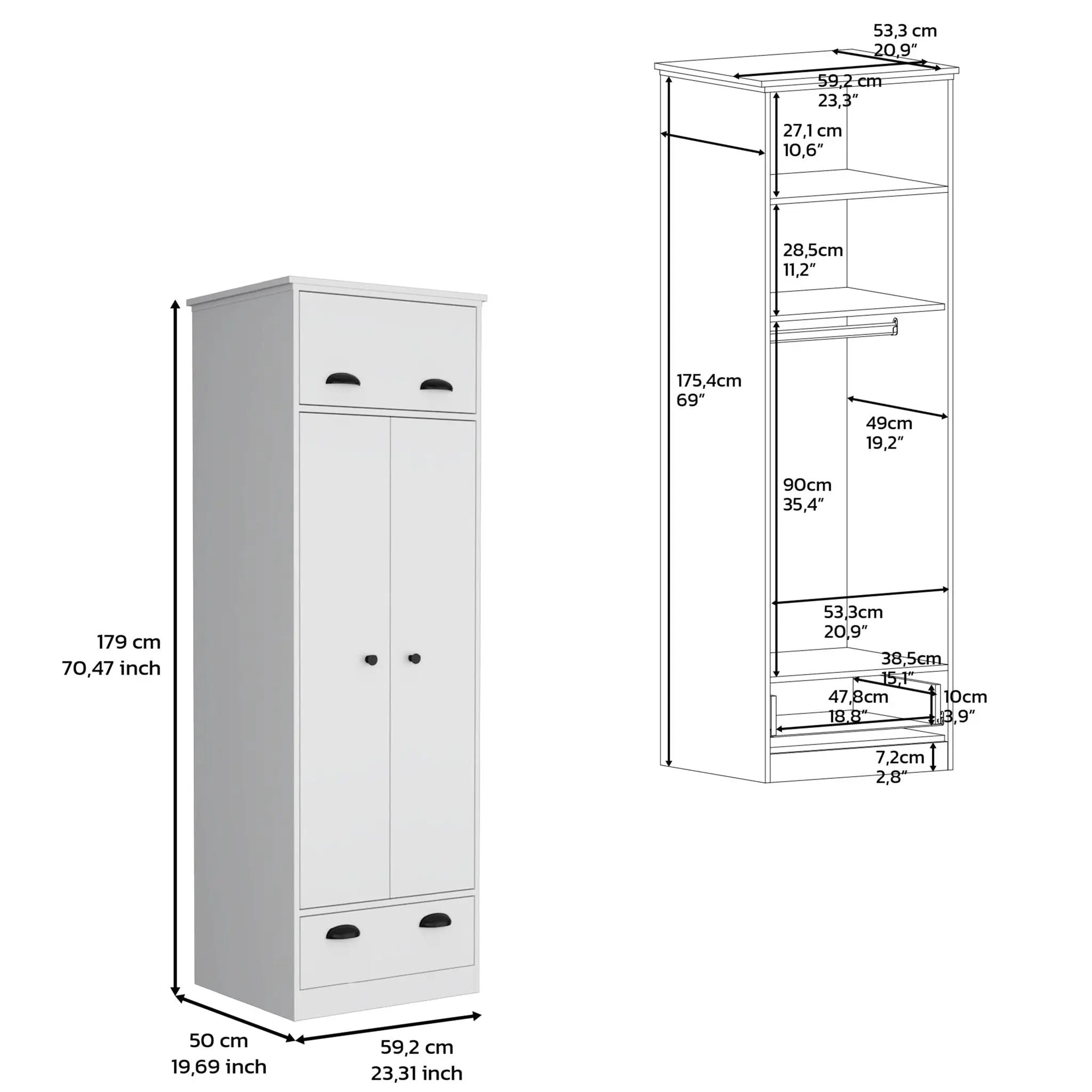 Dresser Closet With Upper Storage Covered With 1 Door, 2 Central Shelves, 1 Tube For Hanging Clothes Covered By 2 Doors, 1 Drawer At The Bottom - White by HouseOfZazla