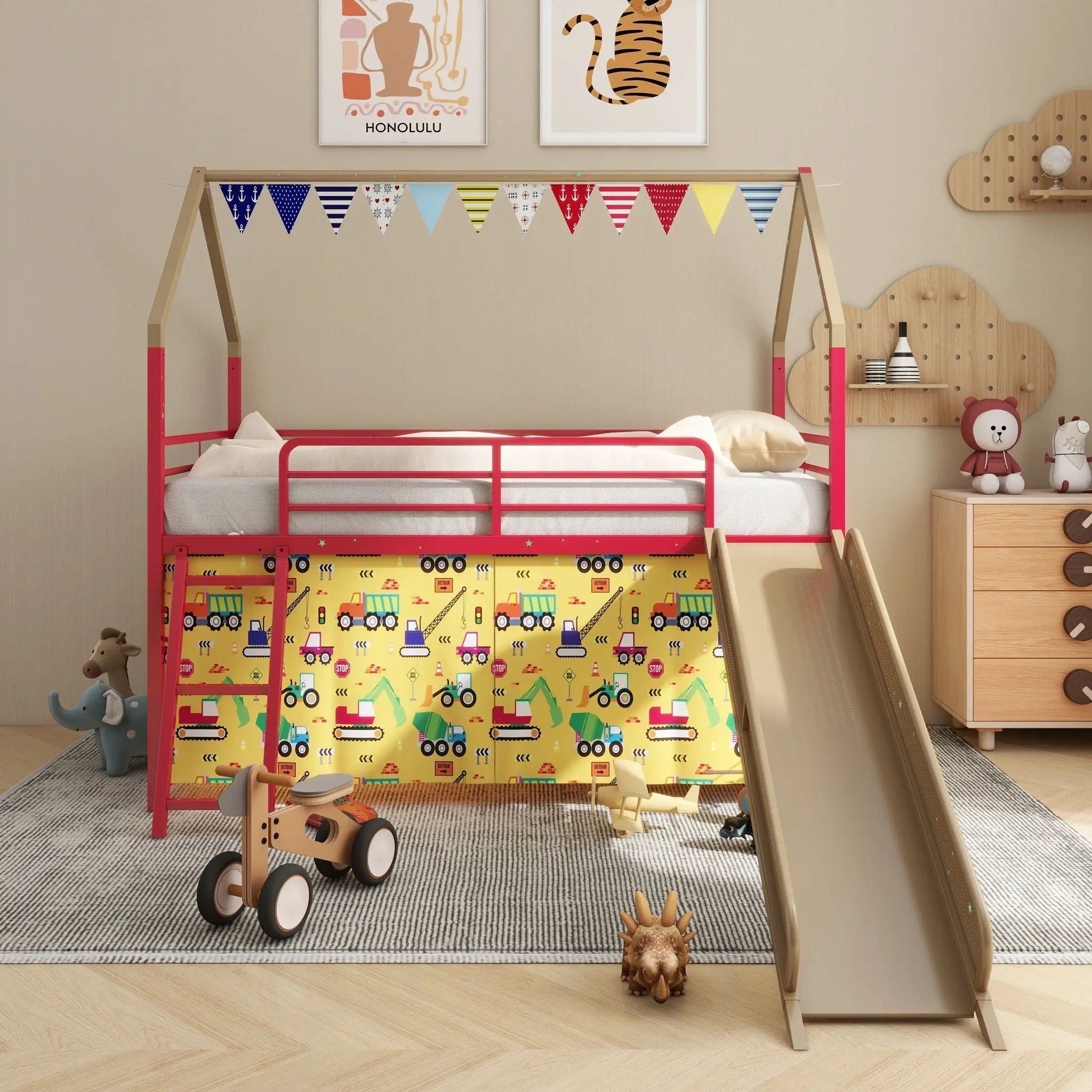 Jack - House Loft Bed With Slide And Curtain Set by HouseOfZazla