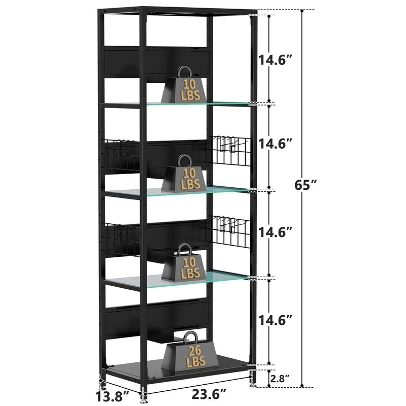 4 Tier Display Shelf With RGB Lights, LED Lighted Curio Cabinet With Adjustable Storage Box & Hooks - Black by HouseOfZazla
