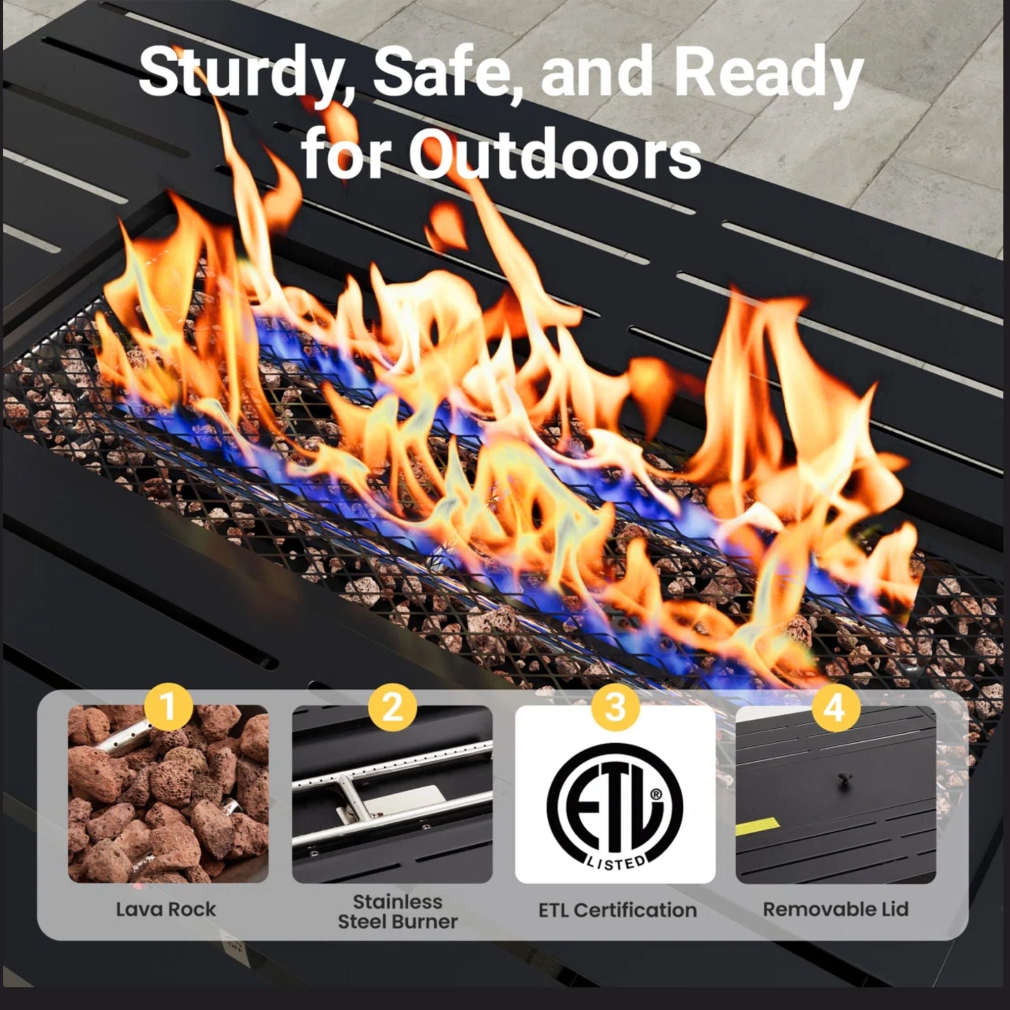 Outdoor 2 In 1 Gas Fire Pit Table With Lid & Glass Shield, Stainless Burner, Lava Rock, Rectangular Design - Black by HouseOfZazla
