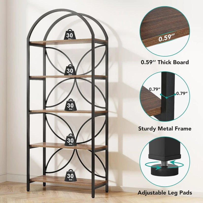 Tall 5 Tier Arched Bookshelf With Shelves For Living Room - Rustic Brown by HouseOfZazla