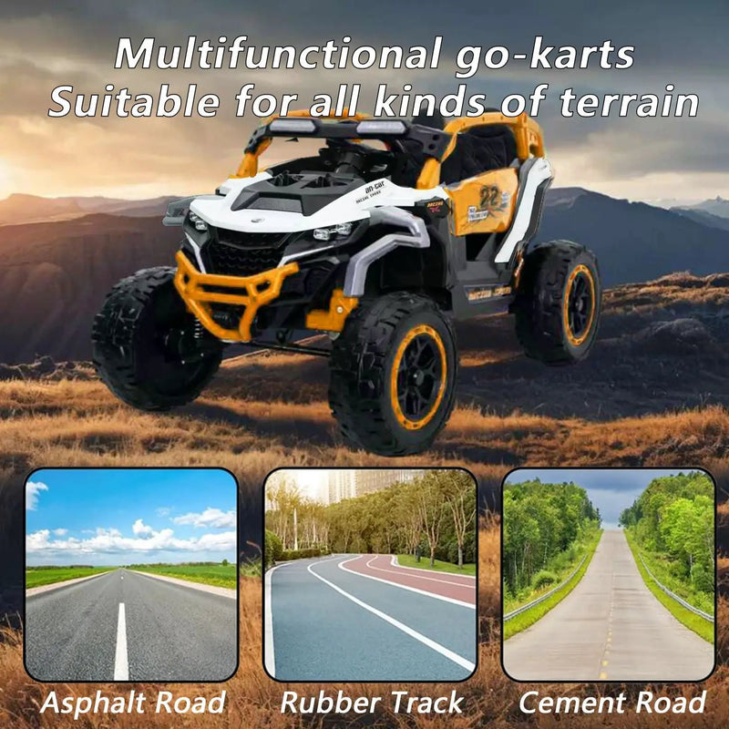 Ride On Models 12V Kids Electric Truck With Remote Control, Front & Rear Suspension, 2 Seater UTV, Flashlights, Music Player - Yellow / White by HouseOfZazla
