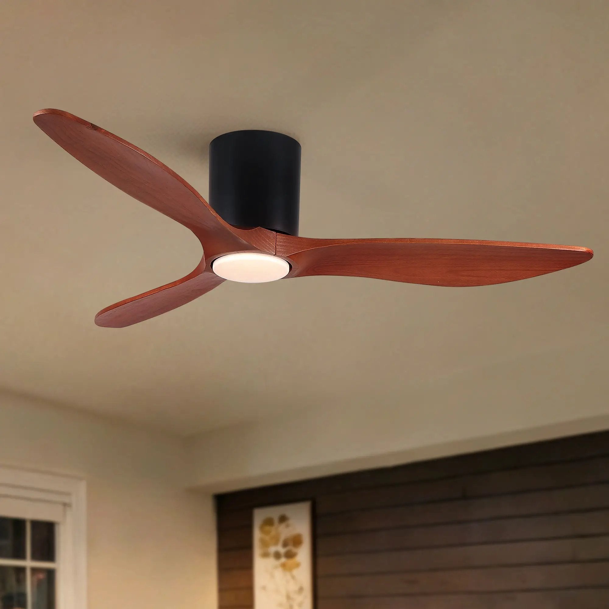 Low Profile Flush Mount Ceiling Fan With Light And Reversible Quiet Motor - Matte Black by HouseOfZazla