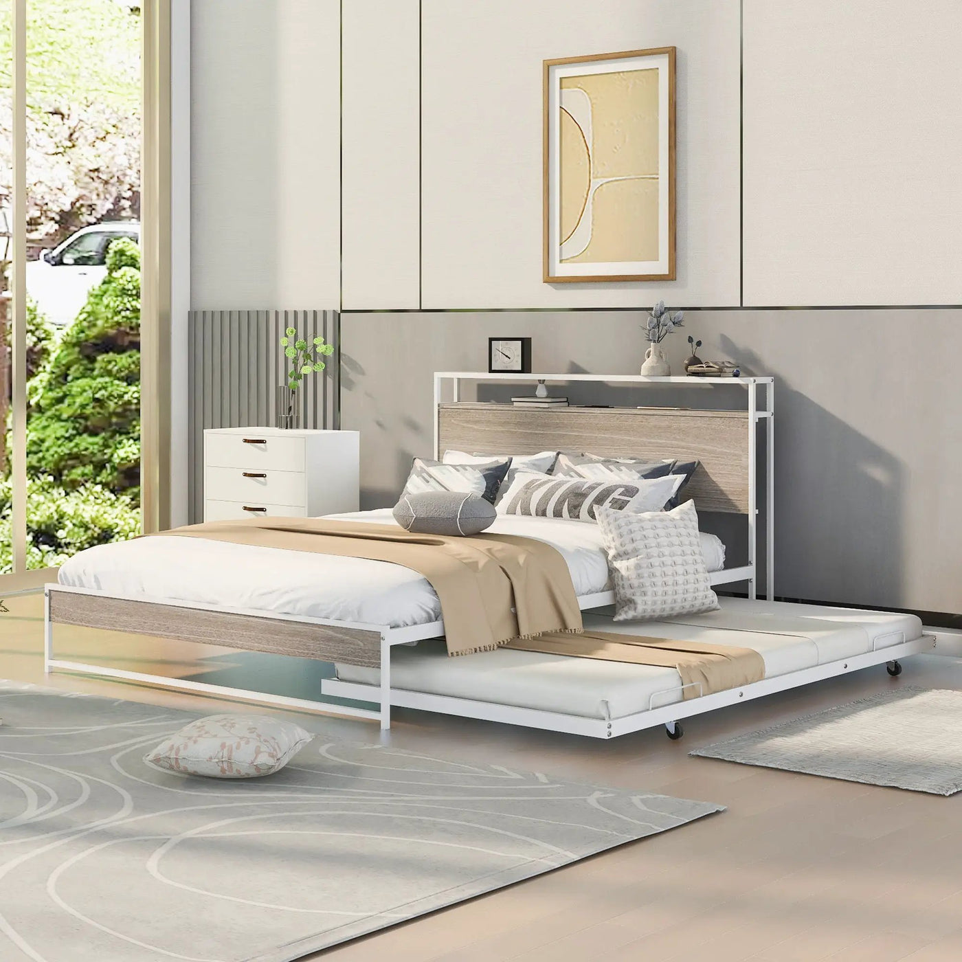Platform Bed Frame With Trundle, USB Ports And Slat Support, No Box Spring Needed by Unique Piece Furniture