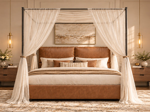 Queen Canopy Bed Frame with Four Poster Metal Design - Rustic Faux Leather, photo 3 of 10