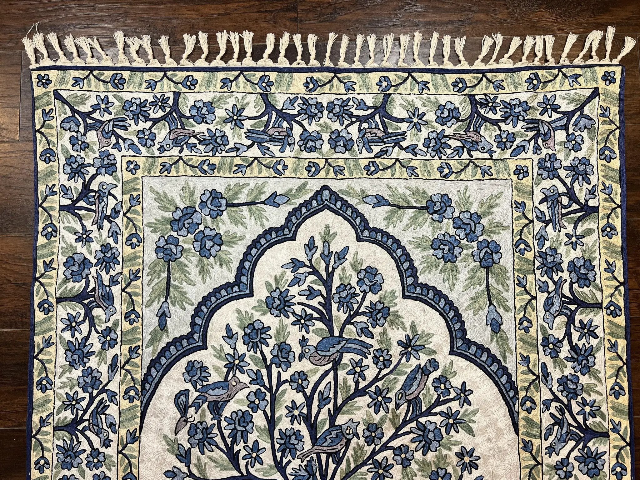 Tree of Life Indian Hand Stitched Rug 4x6, Indian Wall Hanging Rug, Ivory Blue, Silk on Cotton, Vintage by Jewel Rugs