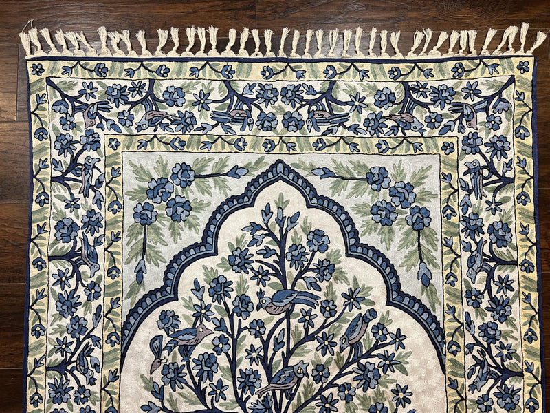 Tree of Life Indian Hand Stitched Rug 4x6, Indian Wall Hanging Rug, Ivory Blue, Silk on Cotton, Vintage by Jewel Rugs