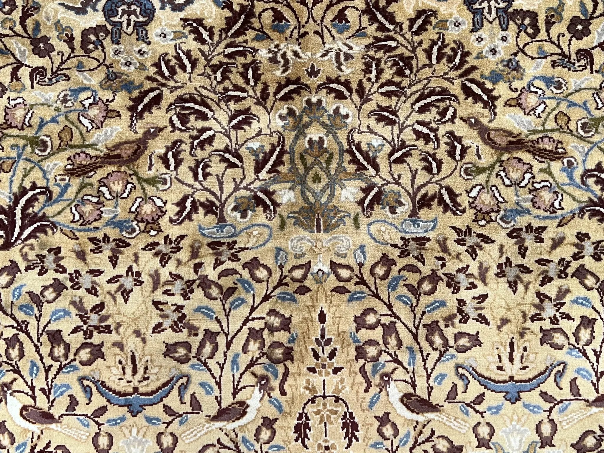 Pretty Indo Persian Rug 6x9, Allover Floral Motif with Birds, Tan/Cream, Very Fine Oriental Carpet, Hand Knotted Vintage Indian Wool Rug by Jewel Rugs
