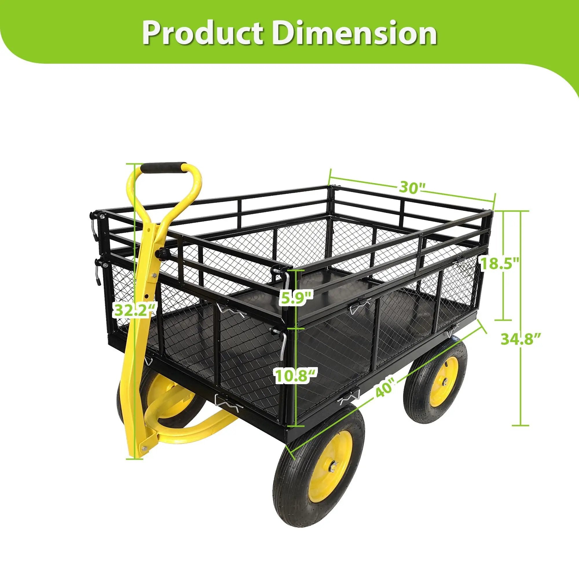 Steel Garden Cart, Heavy Duty 1400 Lbs Capacity, With Removable Mesh Sides To Convert Into Flatbed, Utility Metal Wagon With 2-In-1 Handle And 16 In Tires, Perfect For Garden, Farm, Yard - Black by HouseOfZazla