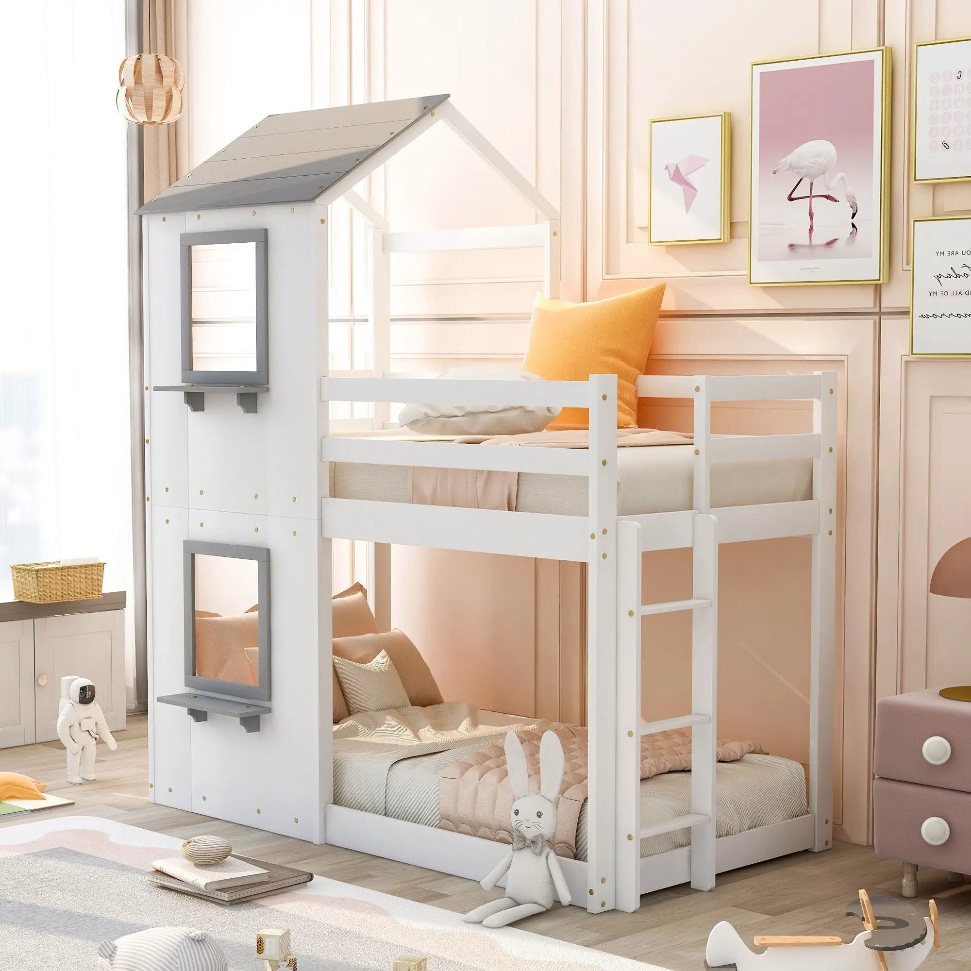 Bunk Bed Wood Bed & Roof, Window, Guardrail, Ladder by Unique Piece Furniture