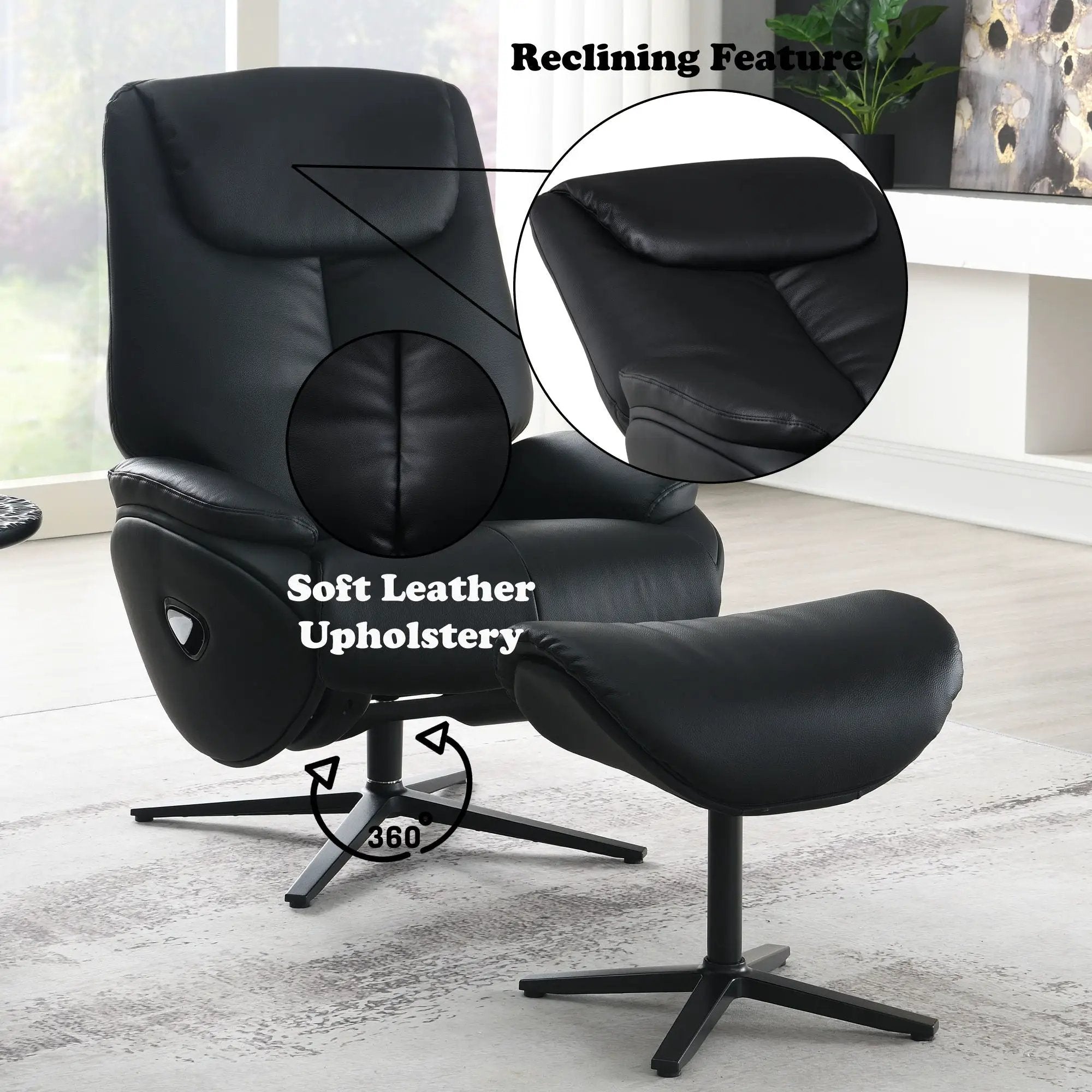 Labotina Top Grain Leather Accent Chair With Swivel & Ottoman - Black by HouseOfZazla