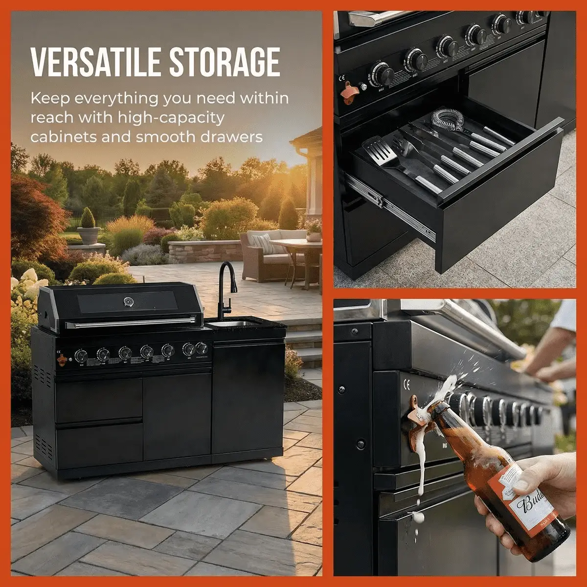 63" 6-Burner 85000 BTU Black Outdoor Kitchen Island Grill + Marble Countertops + Sink by Chery Industrial