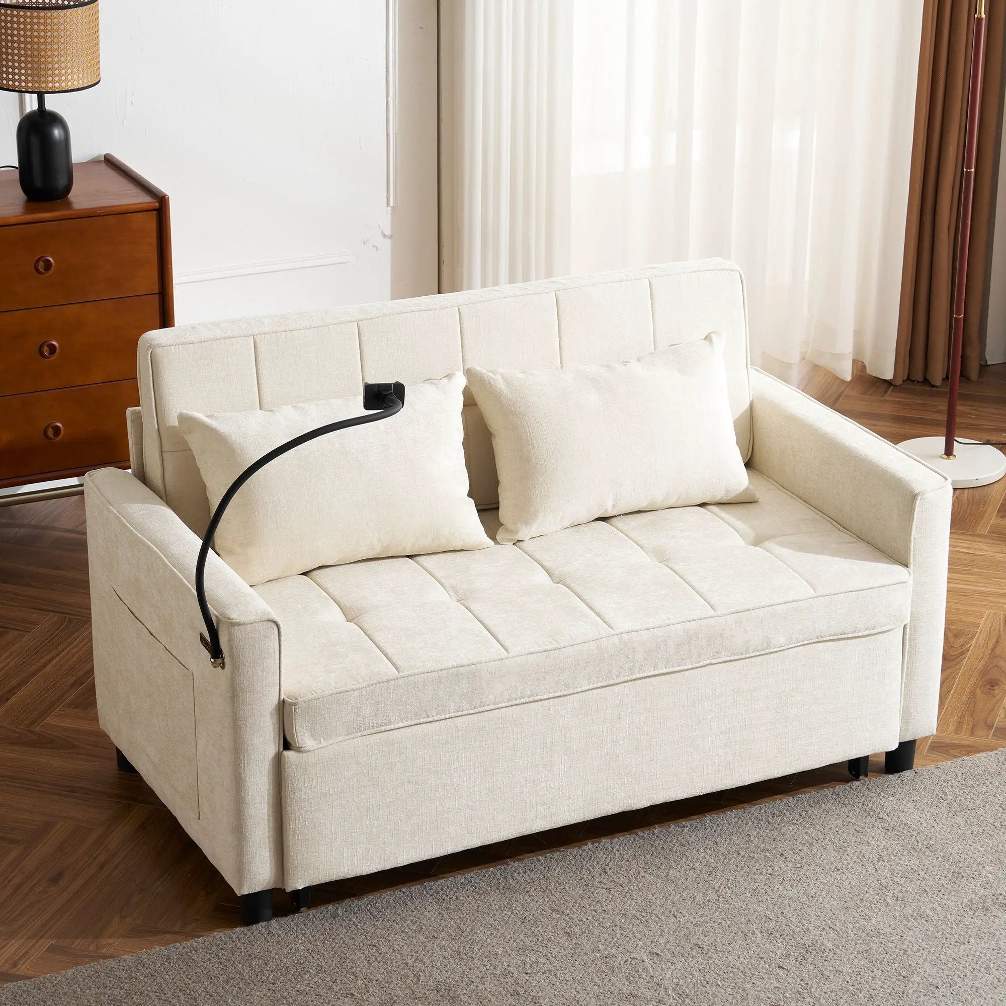 Pull-Out Sleeper Sofa With Reversible Backrest Cushion, Side Pockets, 2 USB Ports And A Phone Holder For Living Room by HouseOfZazla