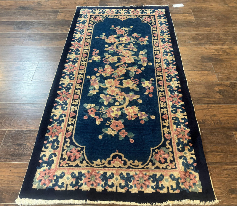 Blue and Beige Chinese Wool Rug 3x6, Chinese Fete Rug, Peking Rug, Antique Chinese Carpet by Jewel Rugs