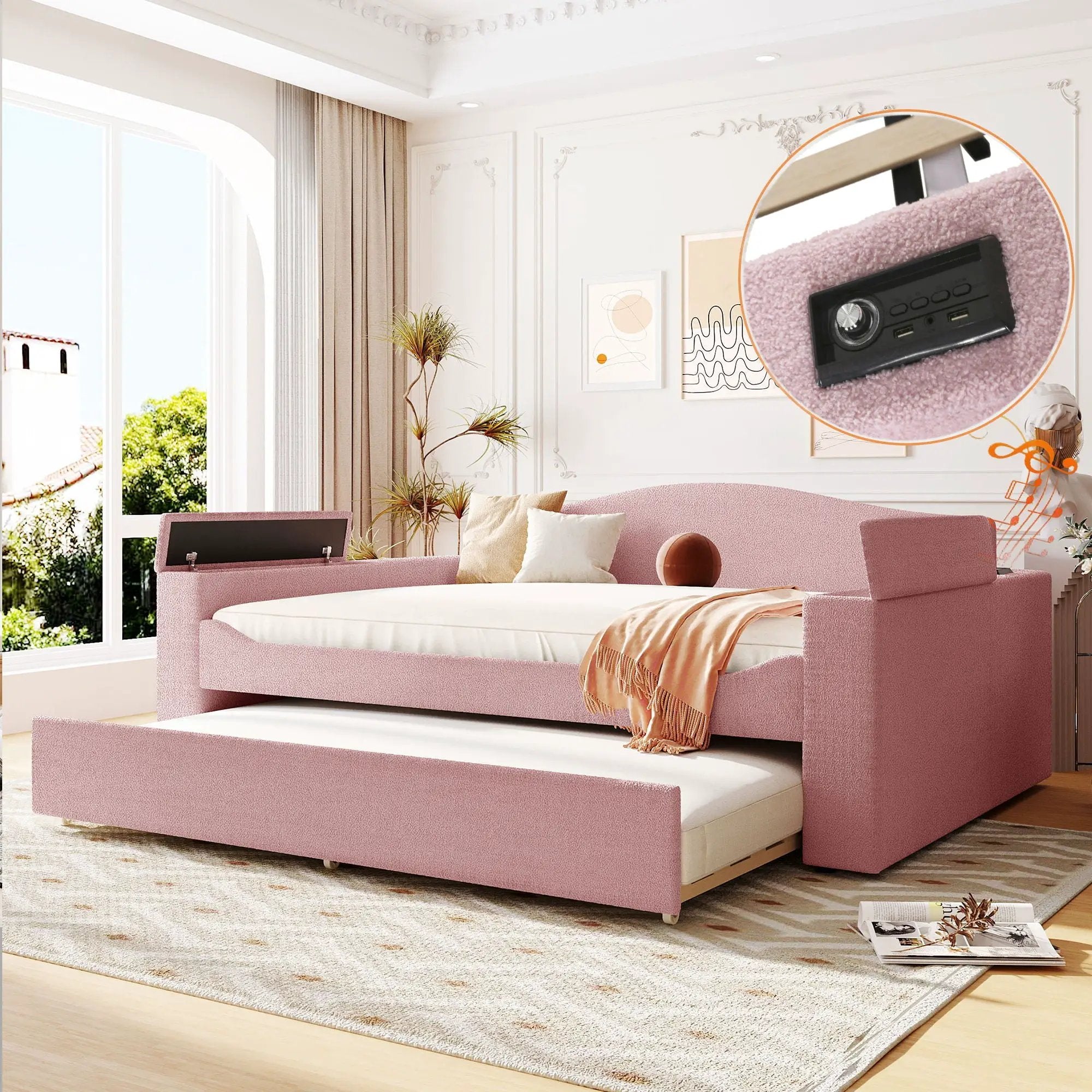 Upholstered Daybed With Storage Armrests, Trundle And Latest Integrated tooth Audio System by HouseOfZazla