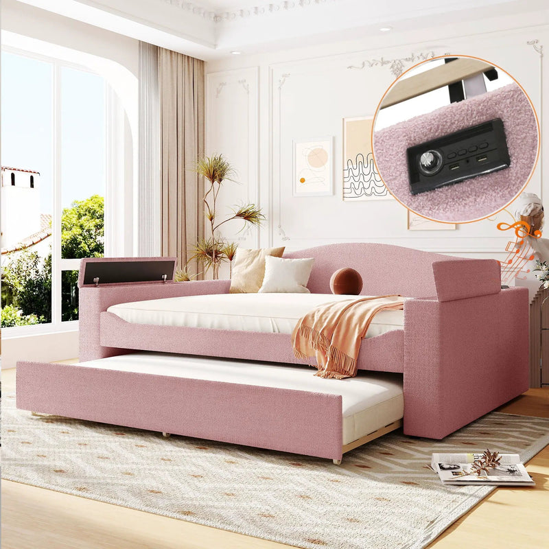 Upholstered Daybed With Storage Armrests, Trundle And Latest Integrated tooth Audio System by HouseOfZazla