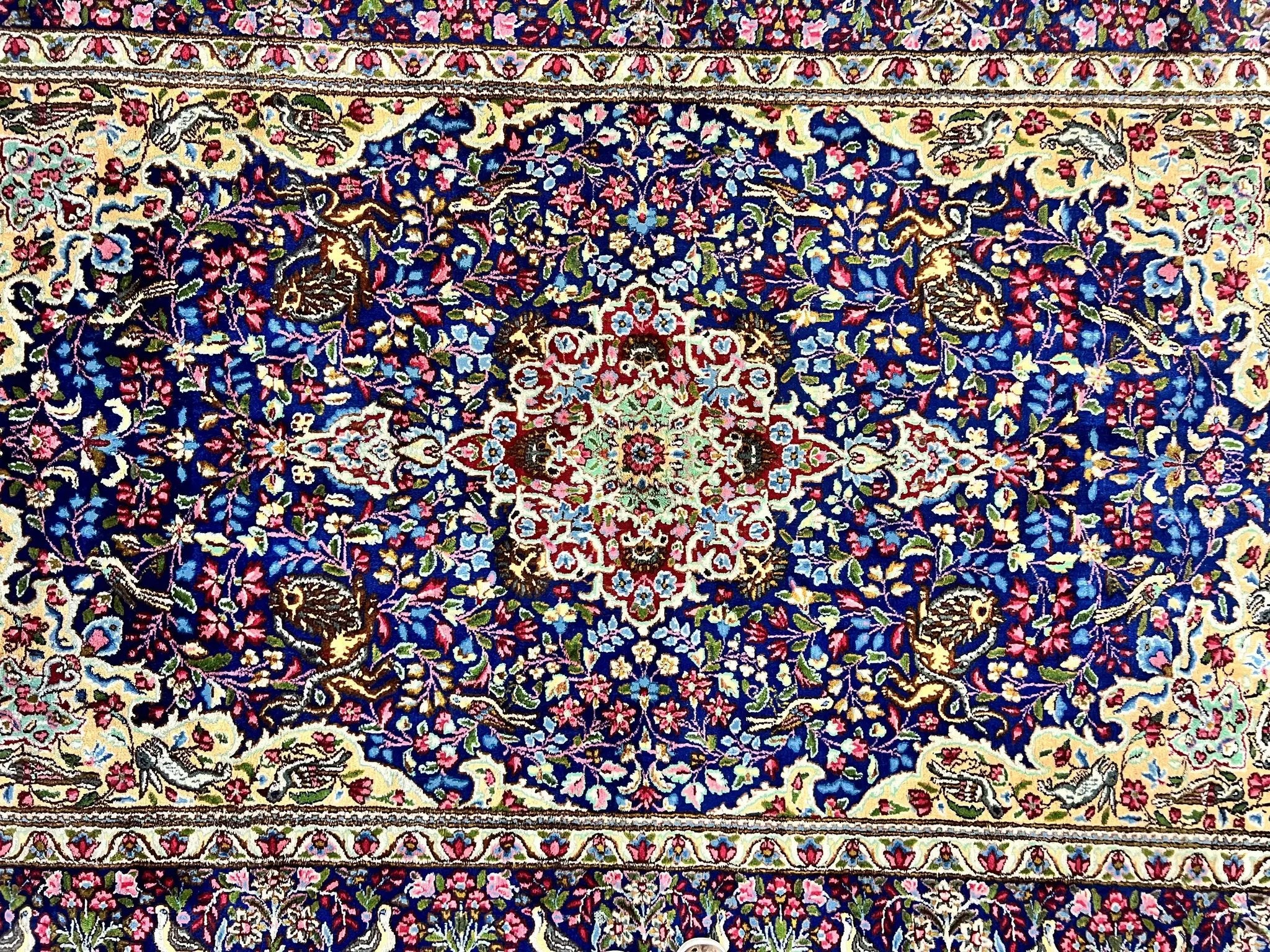 Persian Kirman Rug 6x9, Floral Medallion Vintage Wool Handmade Carpet 6 x 9, Animal Pictorials Birds, Semi Antique, Navy Blue, Millefleur by Jewel Rugs