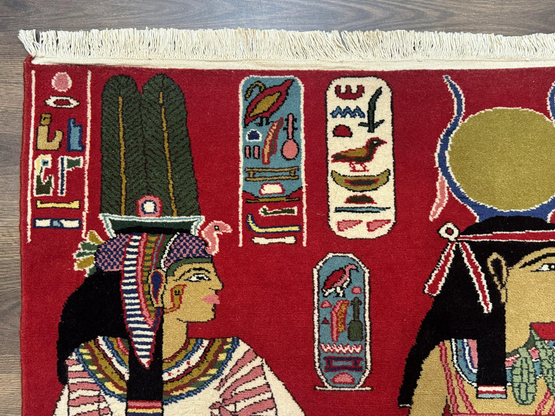 Egyptian Pictorial Rug 3x4, Hieroglyphic Pictorial Rug, Egyptian Prince and Princess, Cleopatra, Vintage Handmade, Red by Jewel Rugs