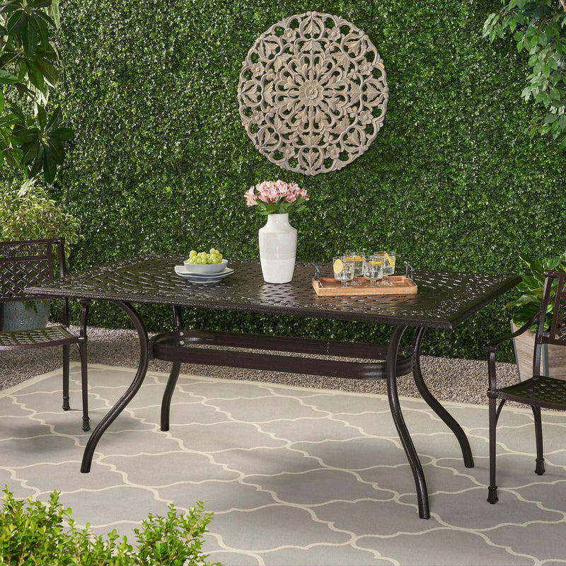 Celestine Outdoor Cast Aluminum Dining Table with Floral Lattice Design and Umbrella Holder by HouseOfZazla
