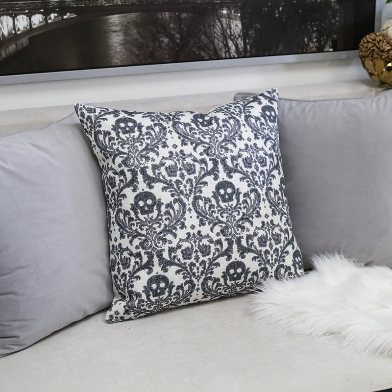 Baroque Skull Damask Accent Pillow – Black & White Day of the Dead Accent Cushion by HouseOfZazla