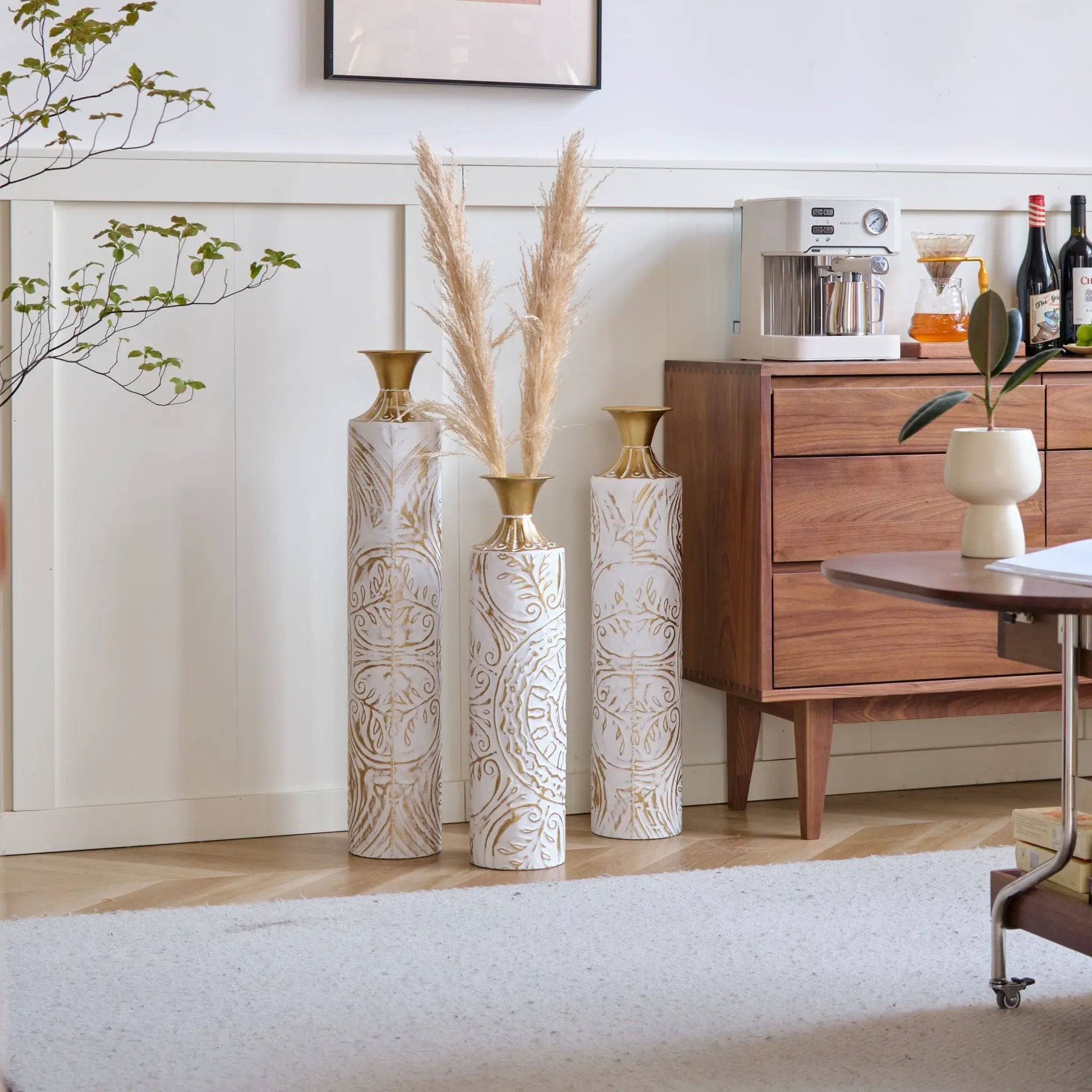 Floor Metal Vases Decorated Metal Vases (Set of 3) Gorgeous Home Decoration Large Glazed Metal Vases - White / Gold by HouseOfZazla