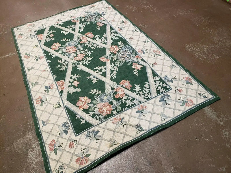 3' 6" X 5' 6" Hand Stitched Indian Wool Rug with Backing Green Beige by Jewel Rugs