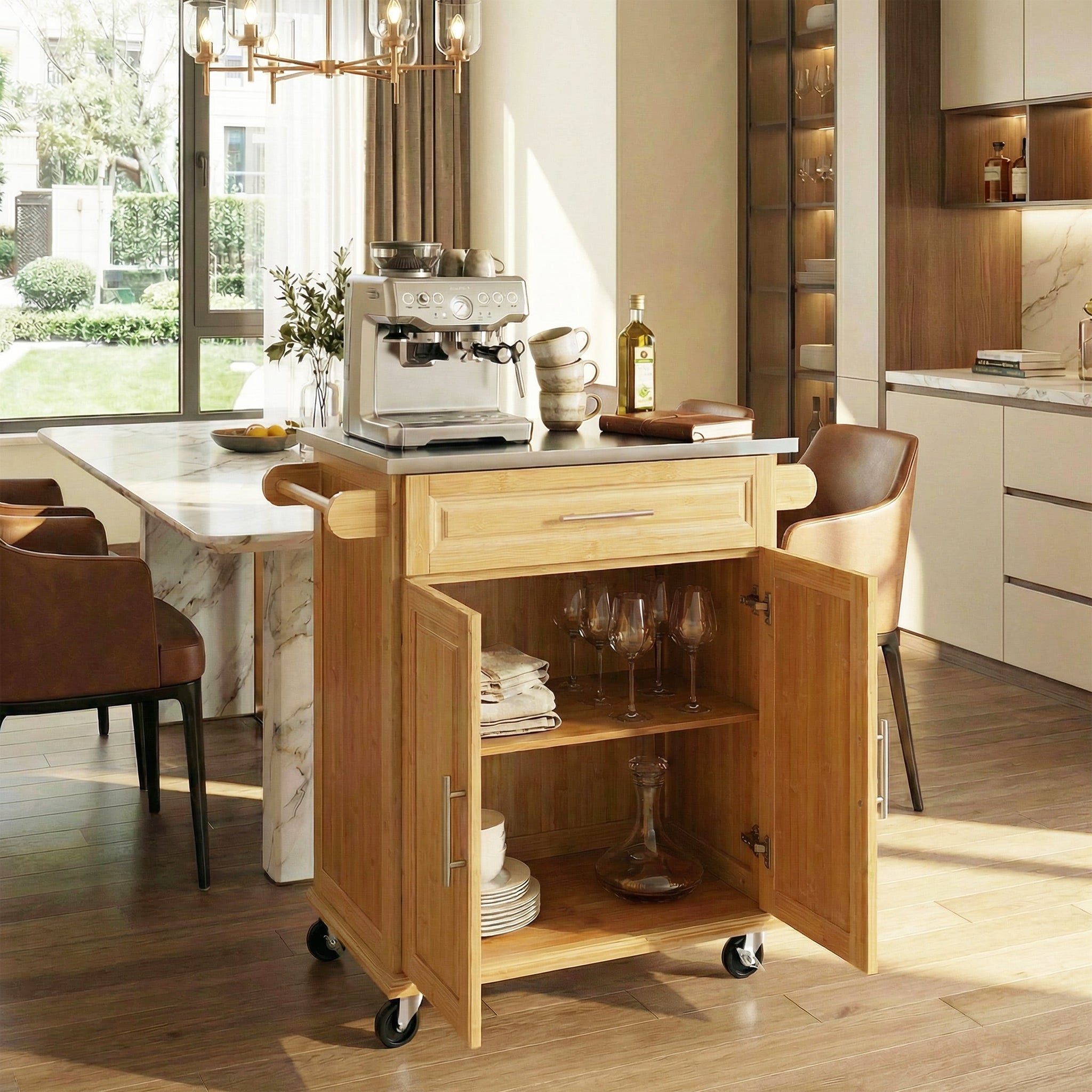 Indoor Compact Bamboo Rolling Kitchen Cart with Stainless Steel Top by HouseOfZazla