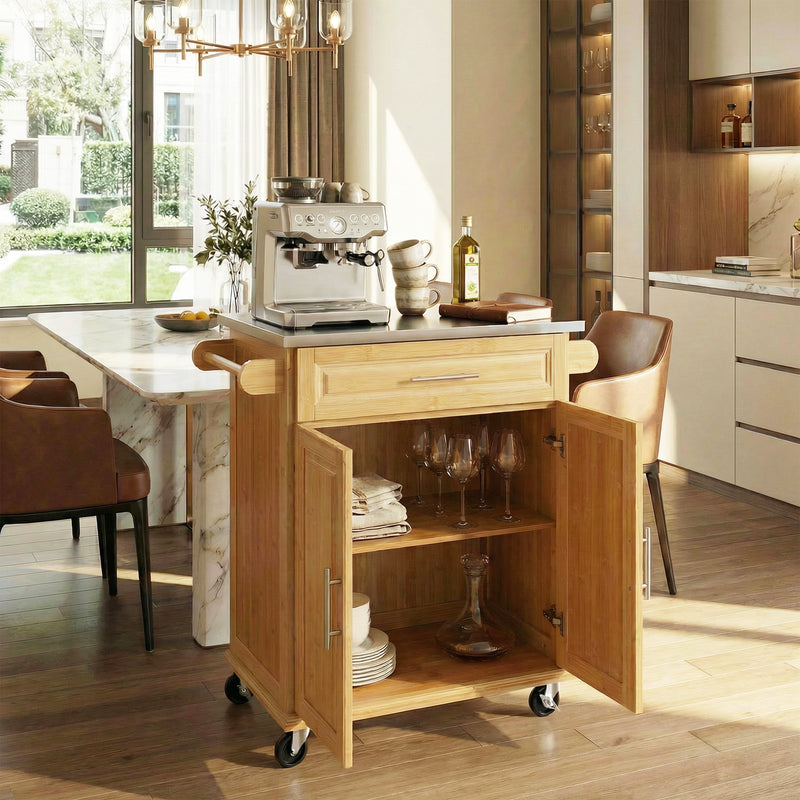 Indoor Compact Bamboo Rolling Kitchen Cart with Stainless Steel Top by HouseOfZazla