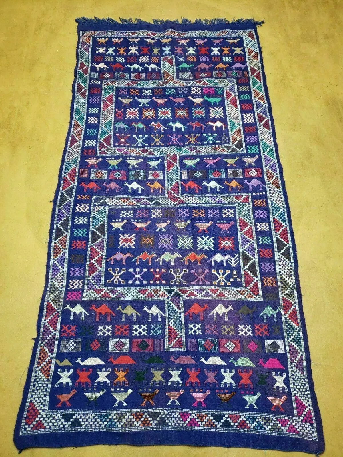 3' X 7' Vintage Handmade Indian Wool Kilim Flat weave Rug Camel Birds Blue Geometric Short Runner by Jewel Rugs