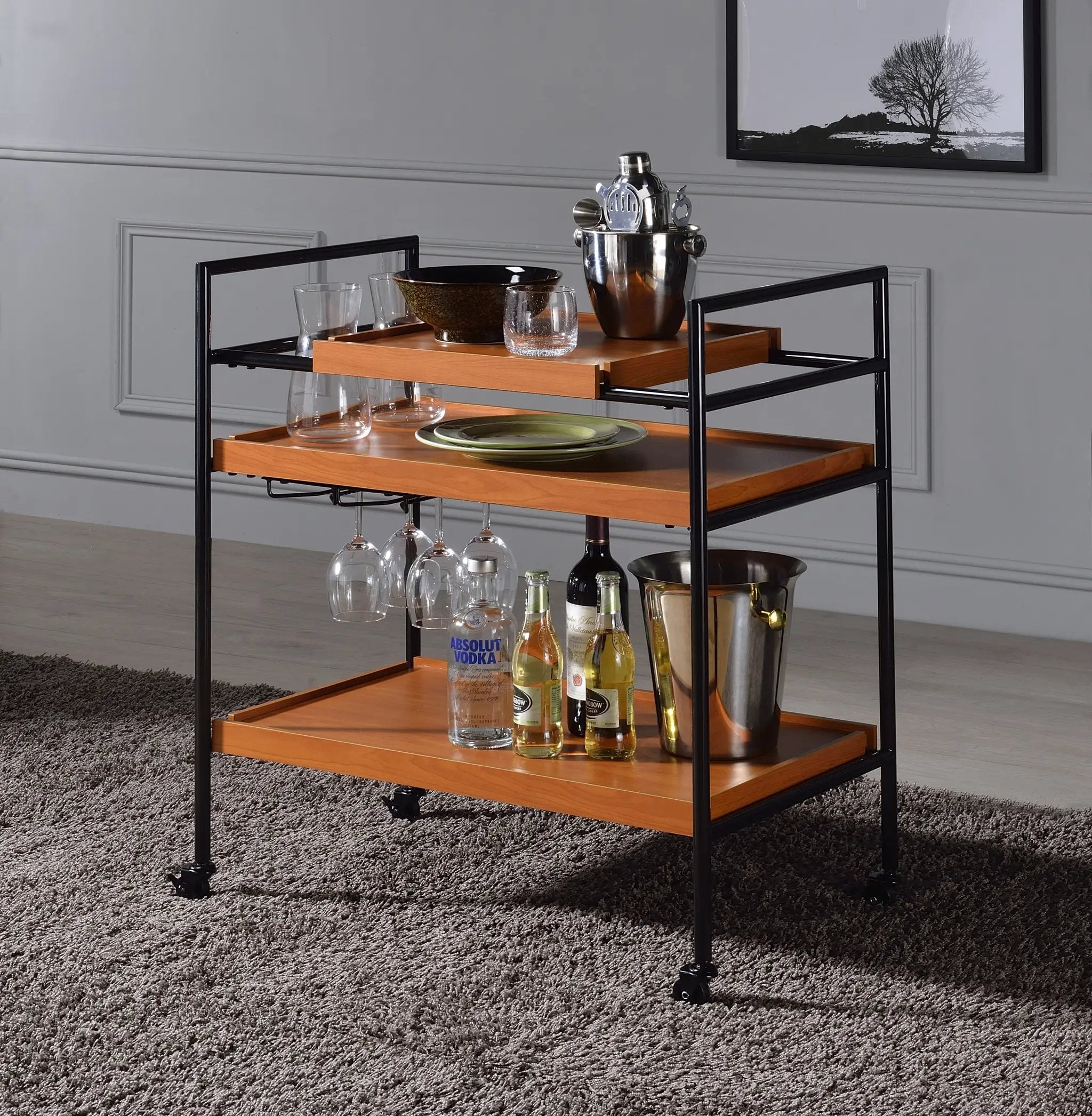 Oaken Honey Oak & Black Finish Serving Cart by HouseOfZazla